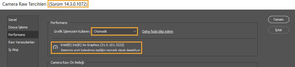 Camera Raw'daki Tercihler iletişim kutusundan önemli bilgiler. Lightroom'daki Performans Tercihleri aynı bilgiyi raporlar.