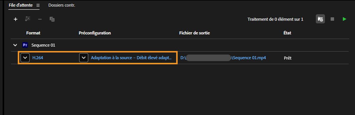 File d'attente Media Encoder affichant le format H.264 et le paramètre prédéfini Match Source - Débit adaptatif élevé sélectionné pour l'export.