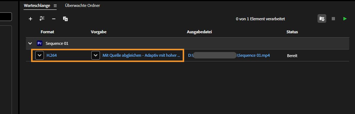 In der Media Encoder-Warteschlange sind das H.264-Format und die Voreinstellung „Match Source – Adaptive High Bitrate“ für den Export ausgewählt.