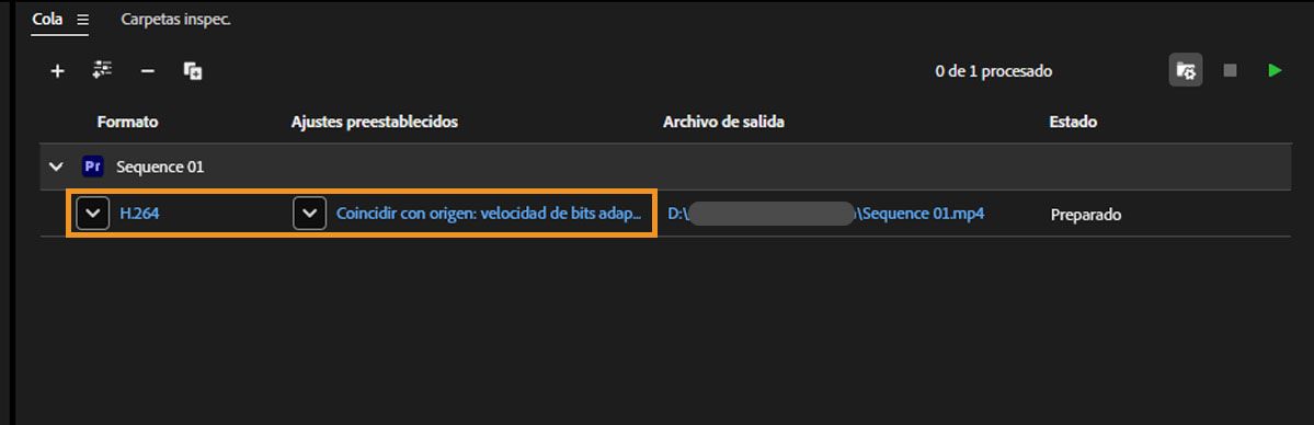 Coda di Media Encoder che mostra il formato H.264 e il predefinito Corrispondenza origine - Bitrate elevato adattivo selezionato per l'esportazione.