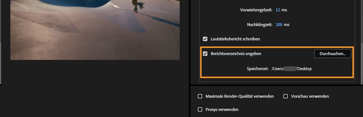 „Berichtsspeicherort angeben“ aktiviert mit Schaltfläche „Durchsuchen“, um das Speicherziel für den Lautstärkebericht festzulegen.