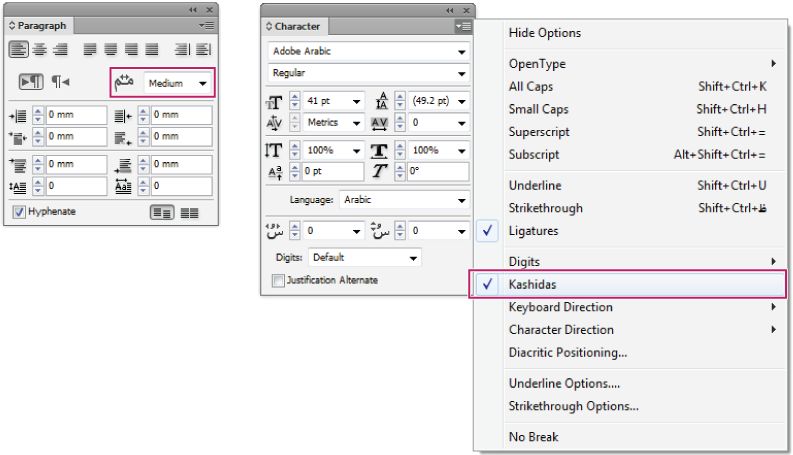 הלוח Paragraph והלוח Character ב-InDesign מציגים הגדרות אוטומטיות של Kashida בשביל יישור הטקסט לערבית. 