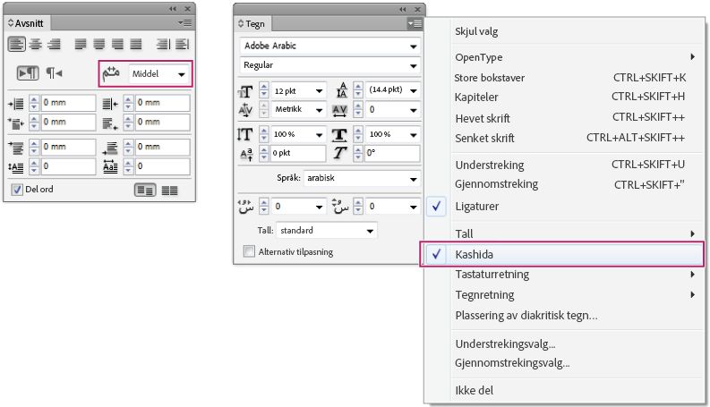 Avsnitt- og Tegn-panelene i InDesign viser automatiske kashida-innstillinger for arabisk tekstjustering.