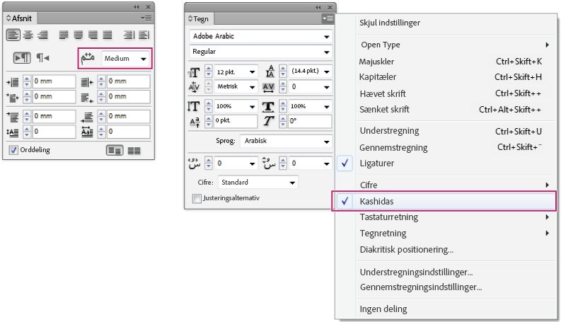 InDesign-panelerne Afsnit og Tegn viser automatiske Kashida-indstillinger for arabisk tekstjustering.