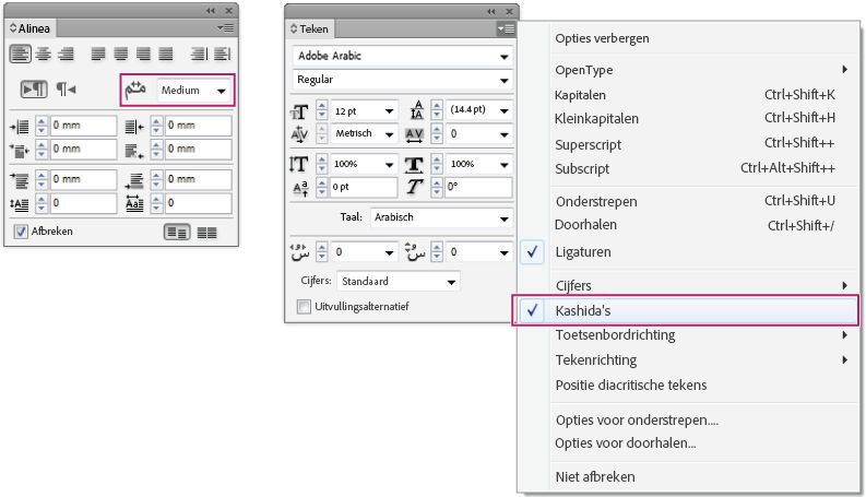 Deelvensters Alinea en Teken van InDesign tonen automatische Kashida-instellingen voor het uitvullen van Arabische tekst.