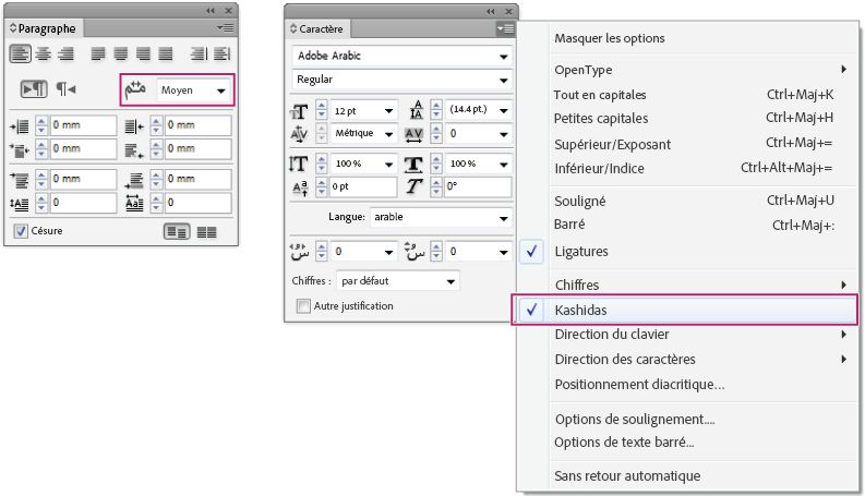 Panneaux Paragraphe et Caractère d’InDesign affichant des paramètres de Kashida automatiques pour la justification de texte en arabe.