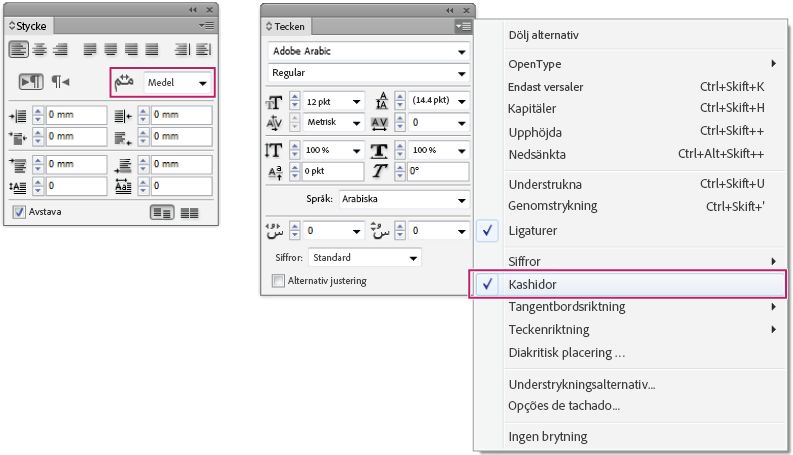 Panelerna Stycke och Tecken i InDesign visar automatiska kashida-inställningar för justering av arabisk text.