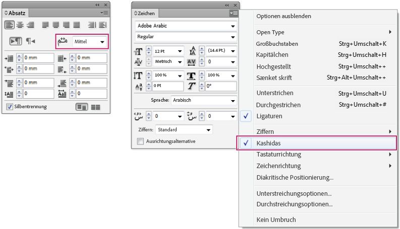 InDesign-Absatz- und Zeichenbedienfelder zeigen automatische Kashida-Einstellungen für die Ausrichtung von arabischem Text an.