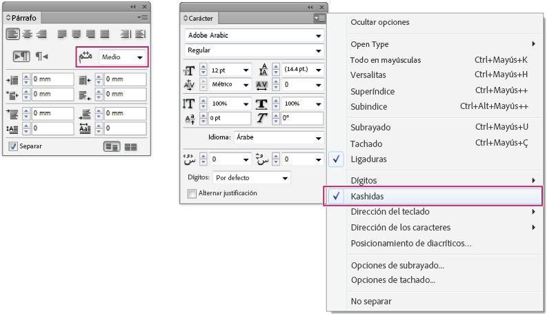 Los paneles Párrafo y Carácter de InDesign muestran la configuración automática de Kashida para justificar texto en árabe.