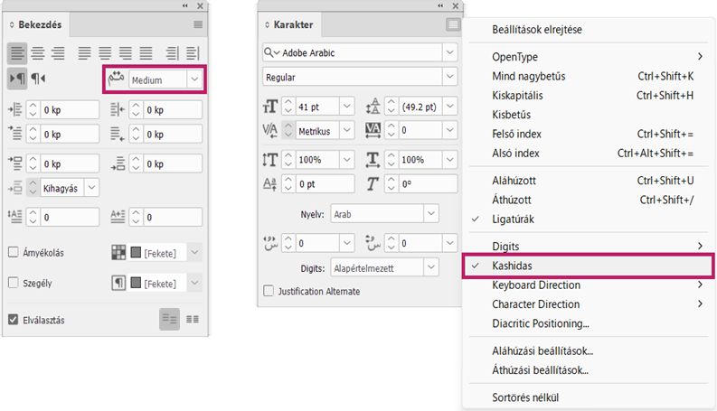 Az InDesign Bekezdés és Karakter paneljén az arab szövegsorkizárás automatikus kasida-beállításai láthatók.
