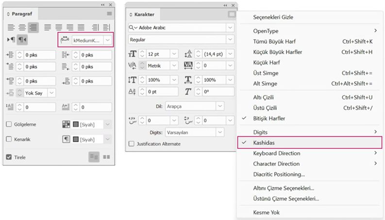 Arapça metin yaslama için otomatik Kashida ayarlarını gösteren InDesign Paragraf ve Karakter panelleri.