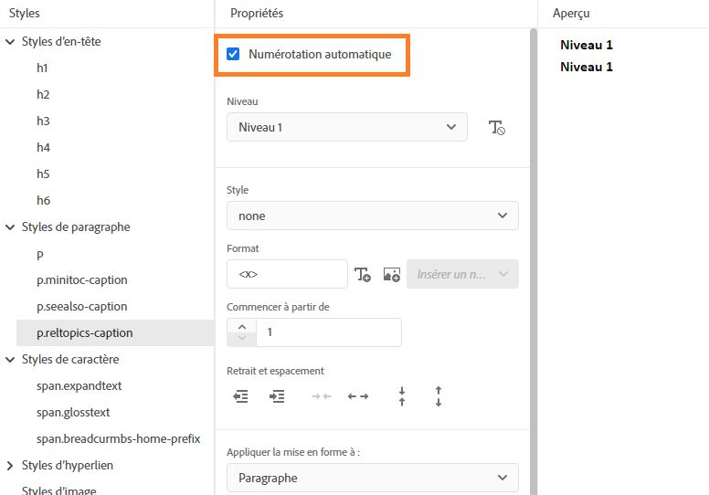 Numérotation automatique multi-niveaux