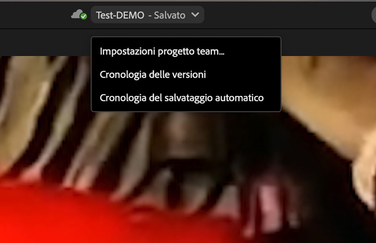 L'interfaccia utente presenta le opzioni Impostazioni progetto team, Cronologia delle versioni e Cronologia del salvataggio automatico, nella barra dell’intestazione di Premiere Pro.