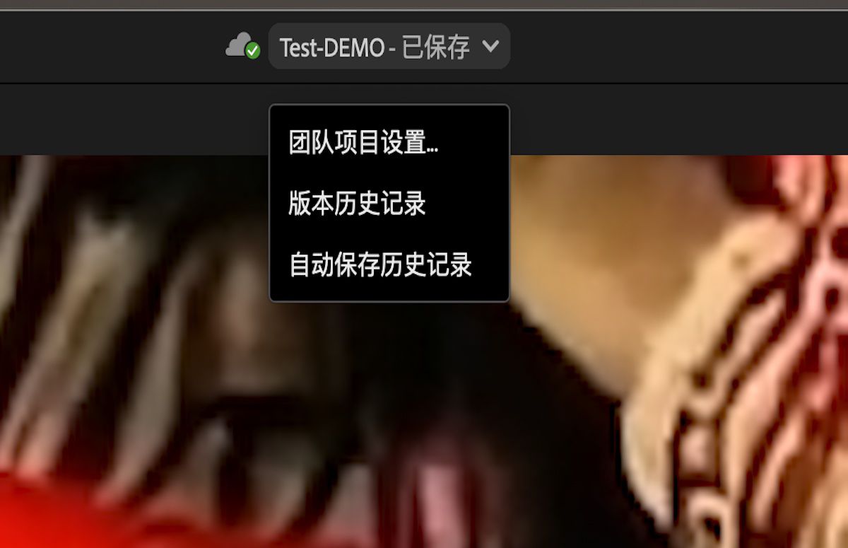 显示从 Premiere Pro 标题栏打开的“团队项目设置”、“版本历史记录”和“自动保存历史记录”的 UI。