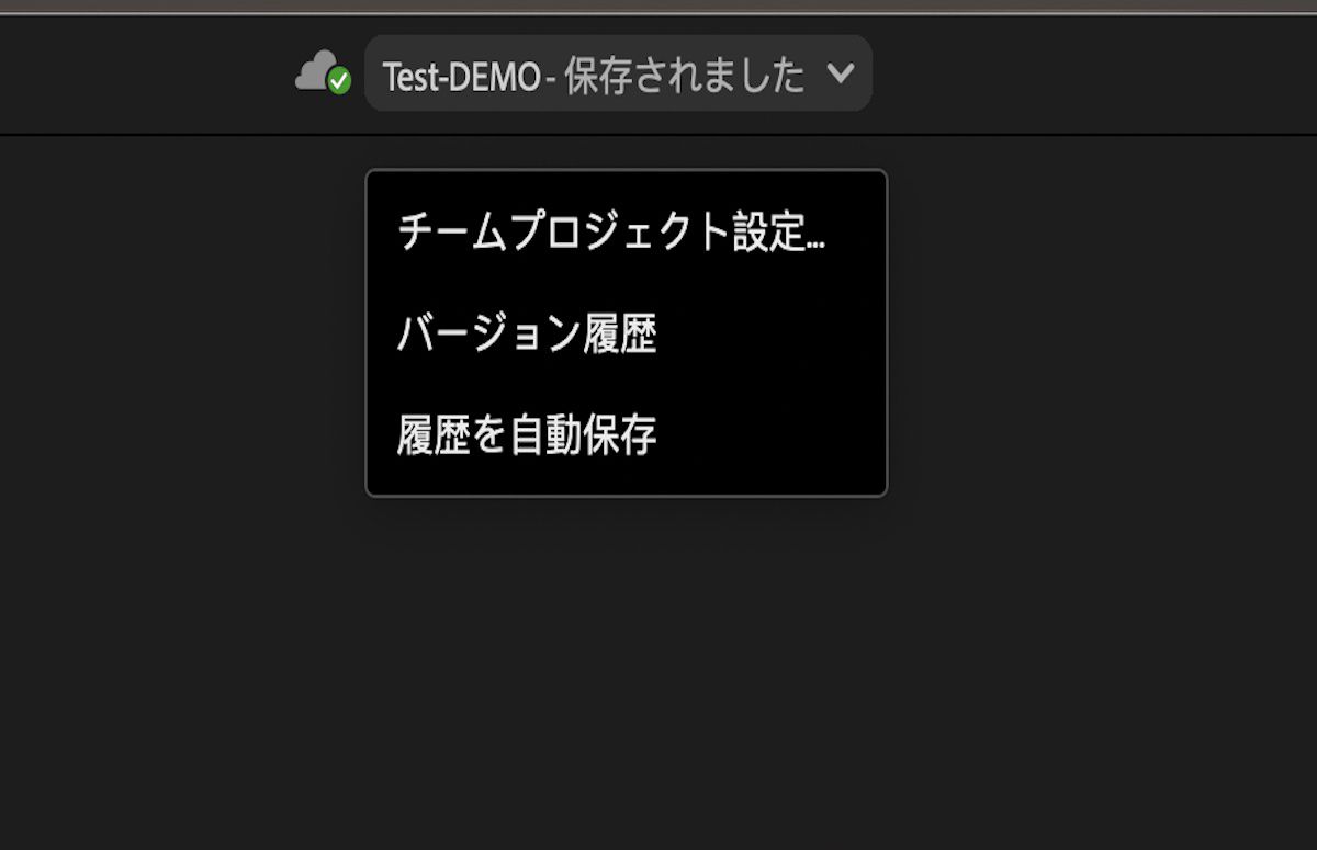 UI には、Premiere Pro のヘッダーバーから開いたチームプロジェクト設定、バージョン履歴、自動保存履歴が表示されます。