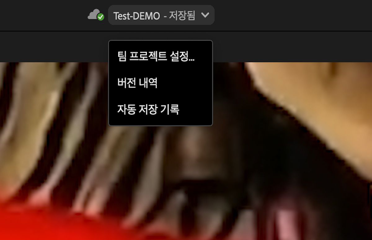 UI를 통해 Premiere Pro 상단 표시줄에 열려 있는 팀 프로젝트 설정, 버전 기록, 자동 저장 기록이 보입니다.