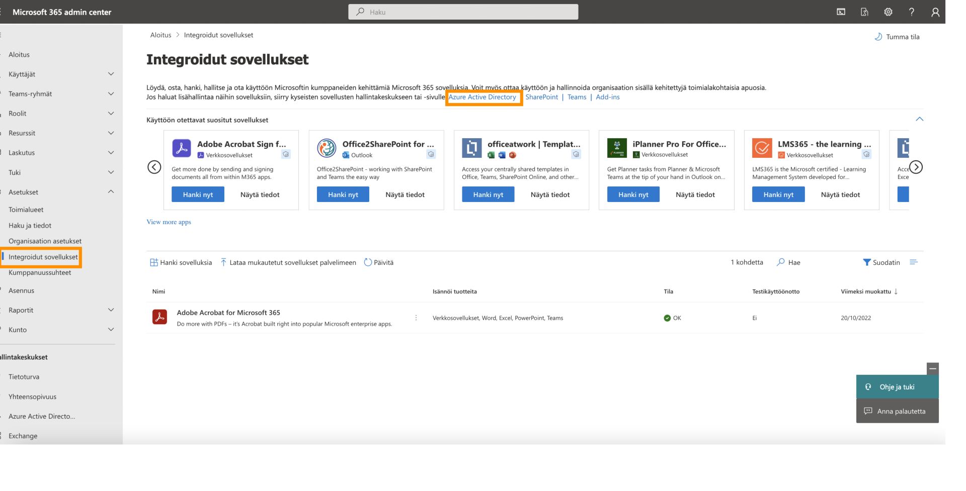 Azure Active Directoryn avaaminen MS 365 -hallintakeskuksesta