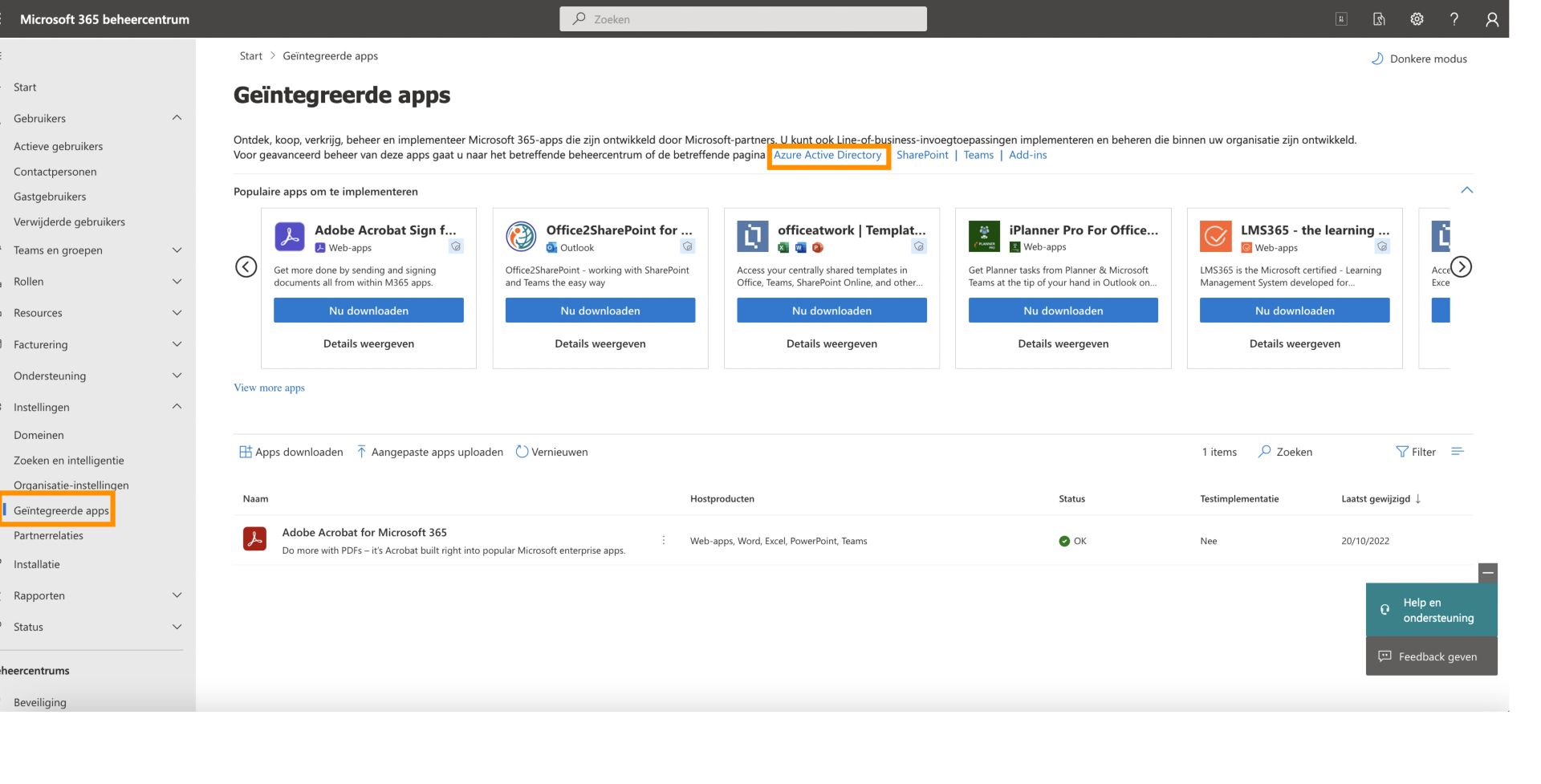 Open Azure Active Directory vanuit het MS 365-beheercentrum
