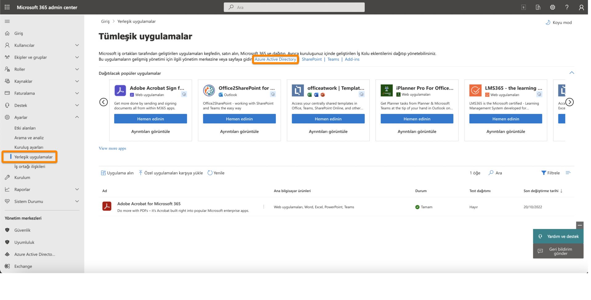 MS 365 yönetici merkezinden Azure Active Directory'yi açma