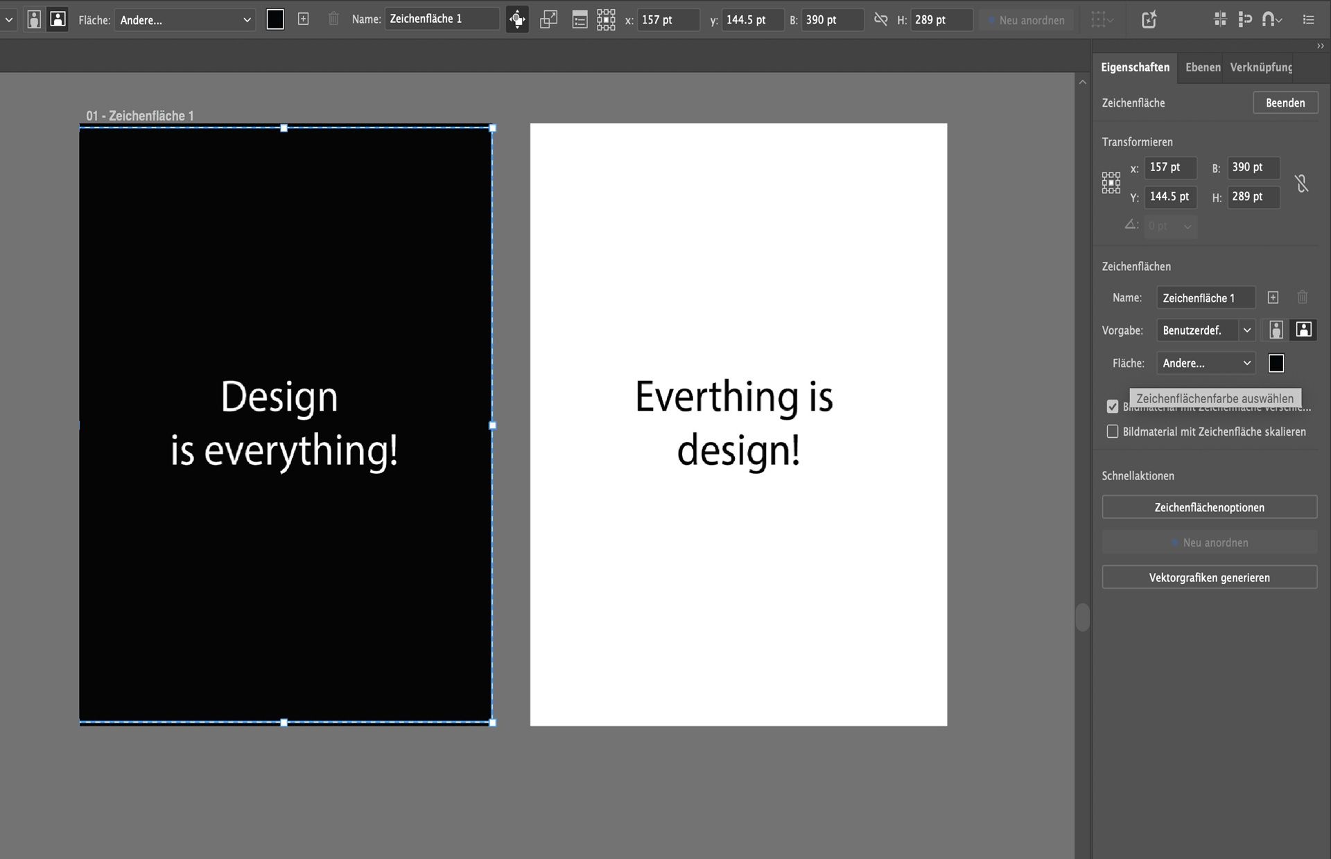 Illustrator-Zeichenflächen mit Text auf schwarzen und weißen Zeichenflächen, wobei die Option für Hintergrundfarbe im Eigenschaften-Bedienfeld ausgewählt ist.