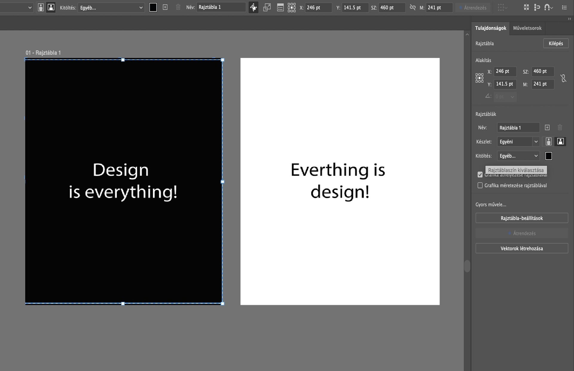 Illustrator rajztáblák fekete és fehér rajztáblákon lévő szöveggel, a Tulajdonságok panelen kiválasztott háttérszín opcióval.