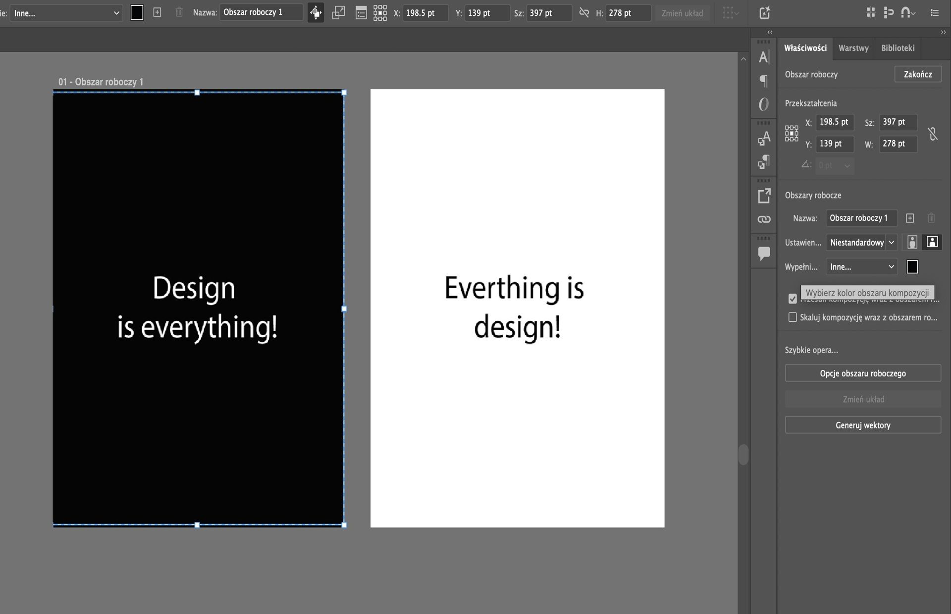 Obszary kompozycji programu Illustrator przedstawiające tekst na czarno-białych obszarach kompozycji z opcją koloru tła wybraną w panelu Właściwości.