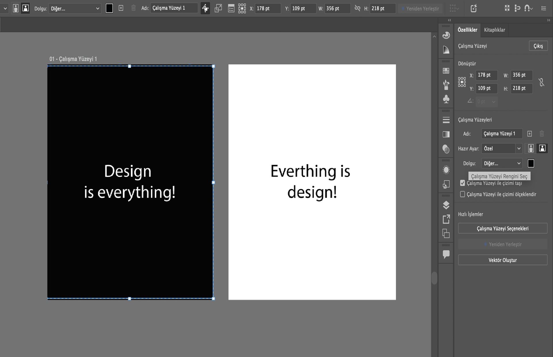 Özellikler panelinde arka plan rengi seçeneği seçili halde, siyah ve beyaz çalışma yüzeylerinde metin gösteren Illustrator çalışma yüzeyleri.