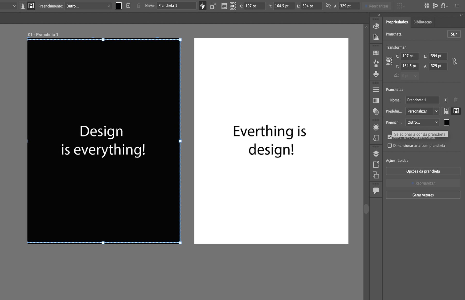 Pranchetas do Illustrator mostrando texto em pranchetas pretas e brancas, com a opção de cor de fundo selecionada no painel Propriedades.