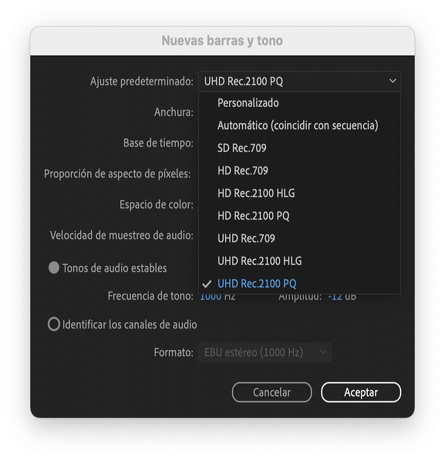 Barras y tono mejorados en Premiere Pro