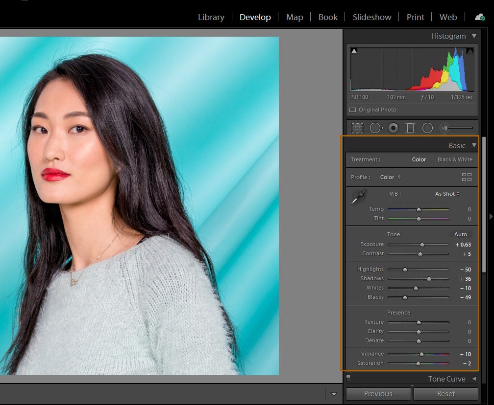 Lightroom Classic — panel podstawowy w module obróbki