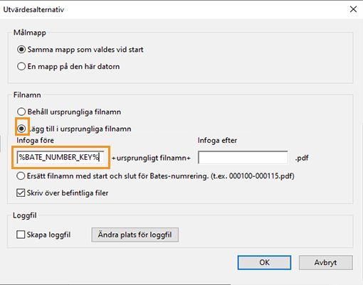 Lägga till Bates-nummer i filnamnet