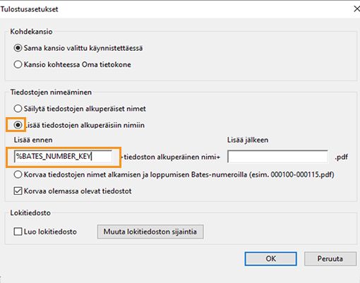 Lisää Bates-numero tiedostonimeen
