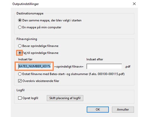 Tilføj Bates-nummer til filnavn
