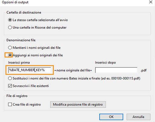 Aggiungere un numero Bates al nome di un file