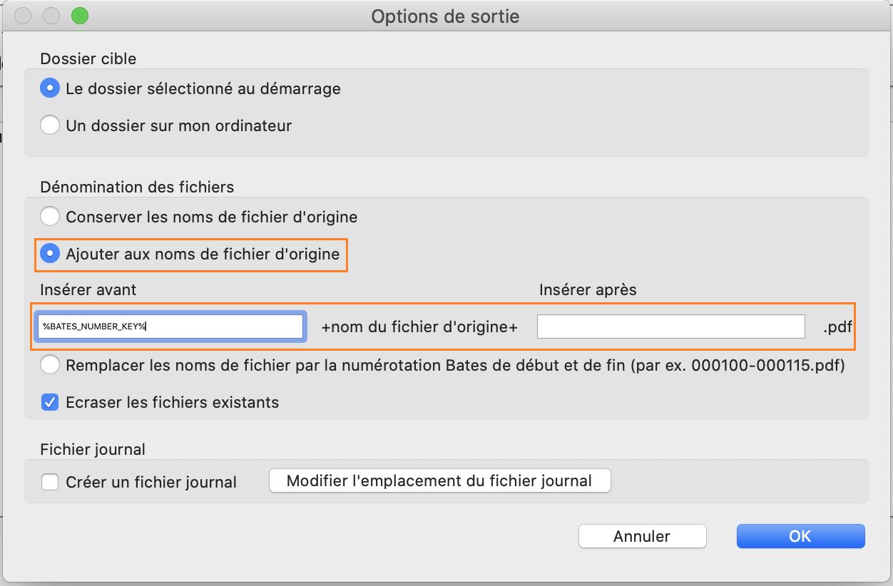 Ajout de la numérotation Bates au nom du fichier