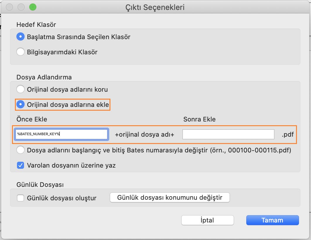Dosya adına Bates numarası ekle