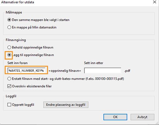 Legge Bates-nummer til filnavnet