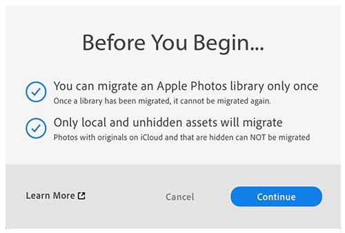 Comportement de la migration de la bibliothèque de photos Apple dans Lightroom