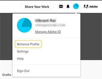 Haga clic en el enlace del perfil de Behance en el menú Cuenta