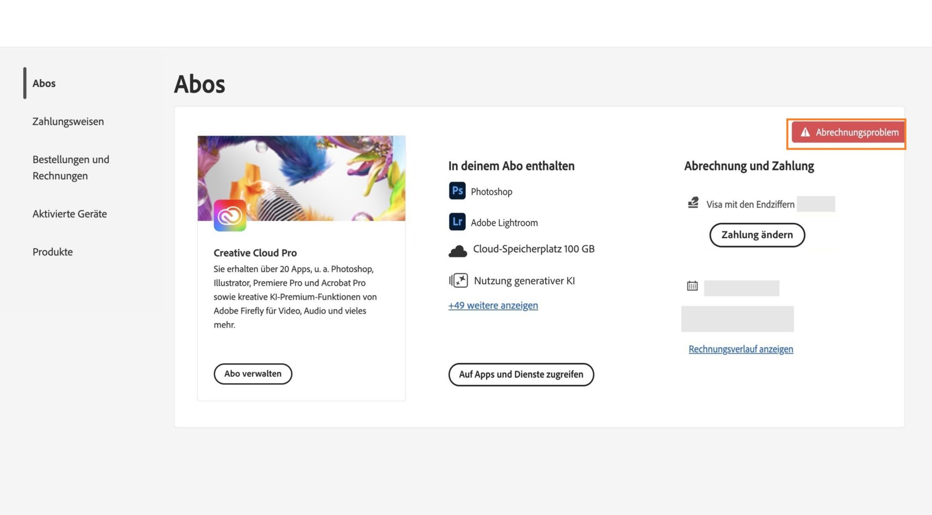 Der Warnhinweis zu Abrechnungsproblemen, der sich in der oberen rechten Ecke einer Abo-Option-Karte befindet, zeigt an, dass deine Zahlung fehlgeschlagen ist.