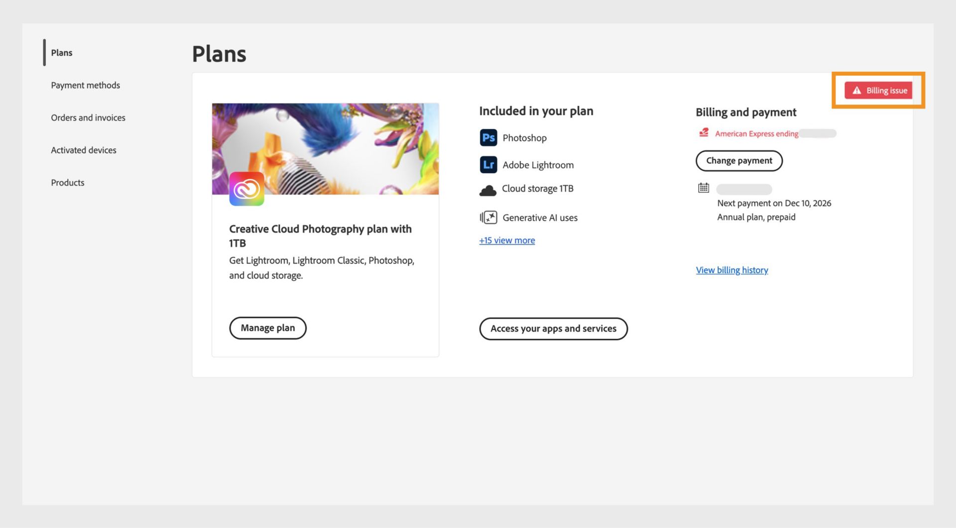 The Billing issue alert, located at the top-right corner of a plan card, indicates that your payment has failed.