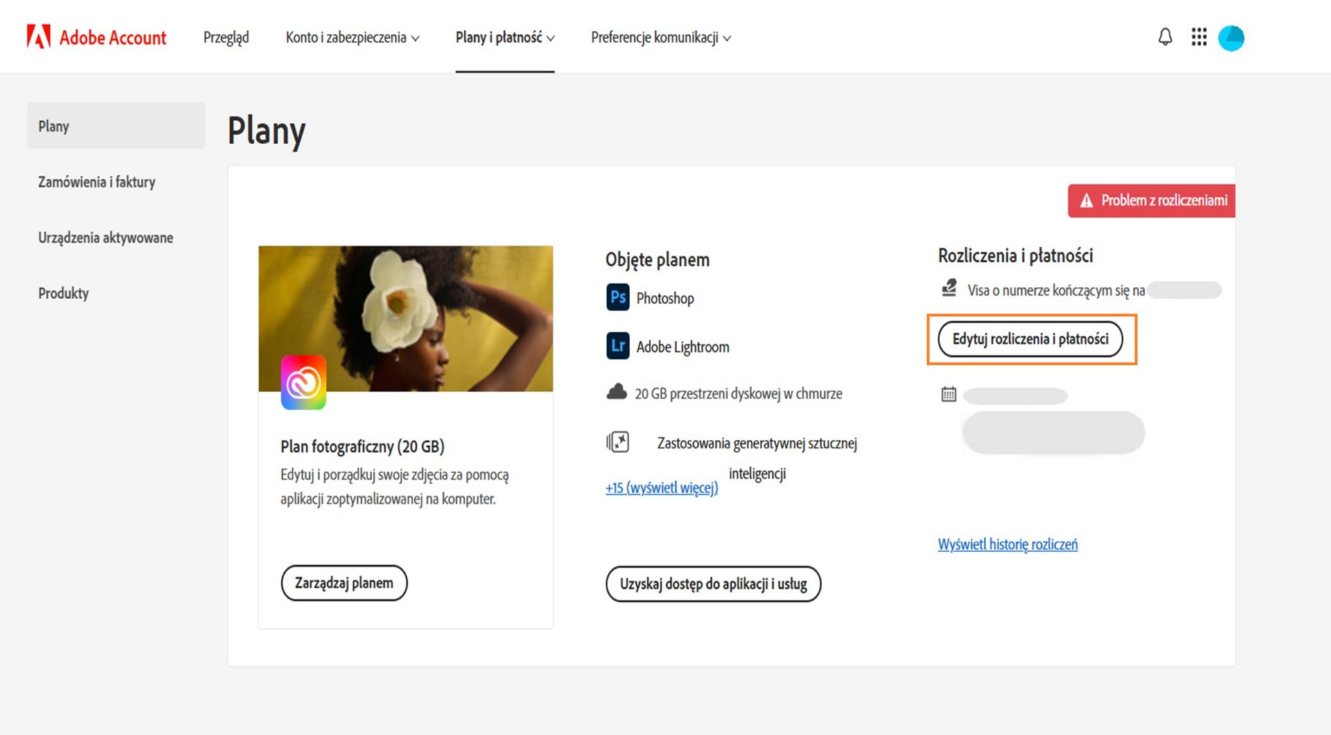 Strona Plany na koncie Adobe wskazuje na problem z rozliczeniami za pomocą wybranej metody płatności. Dostępne są następujące opcje: edycja rozliczeń i płatności, wyświetlanie historii rozliczeń, dostęp do aplikacji i usług oraz zarządzanie planem.