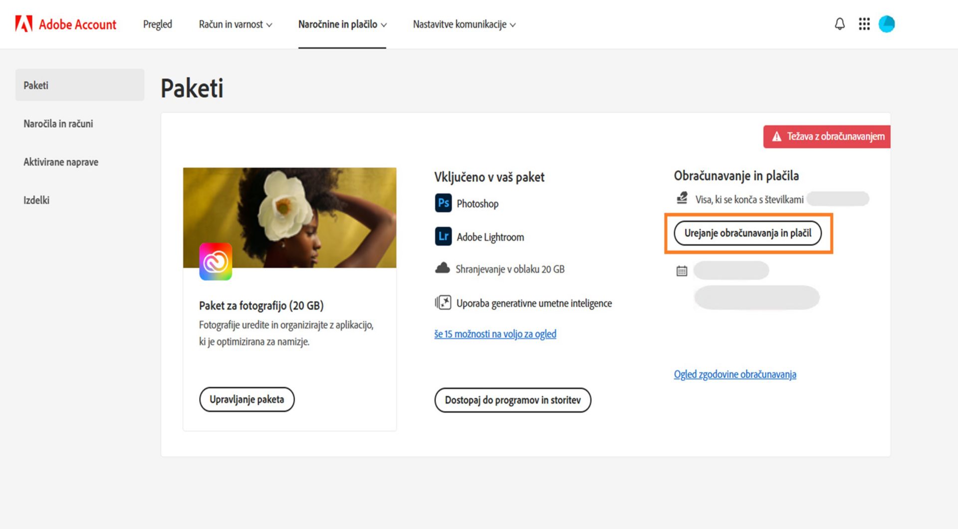 Na strani s paketi v računu Adobe je prikazano, da imate težavo z obračunavanjem z načinom plačila, prikazane so tudi možnosti za urejanje obračunavanja in plačil, ogled zgodovine obračunavanja, dostop do programov in storitev ter upravljanje paketa. 