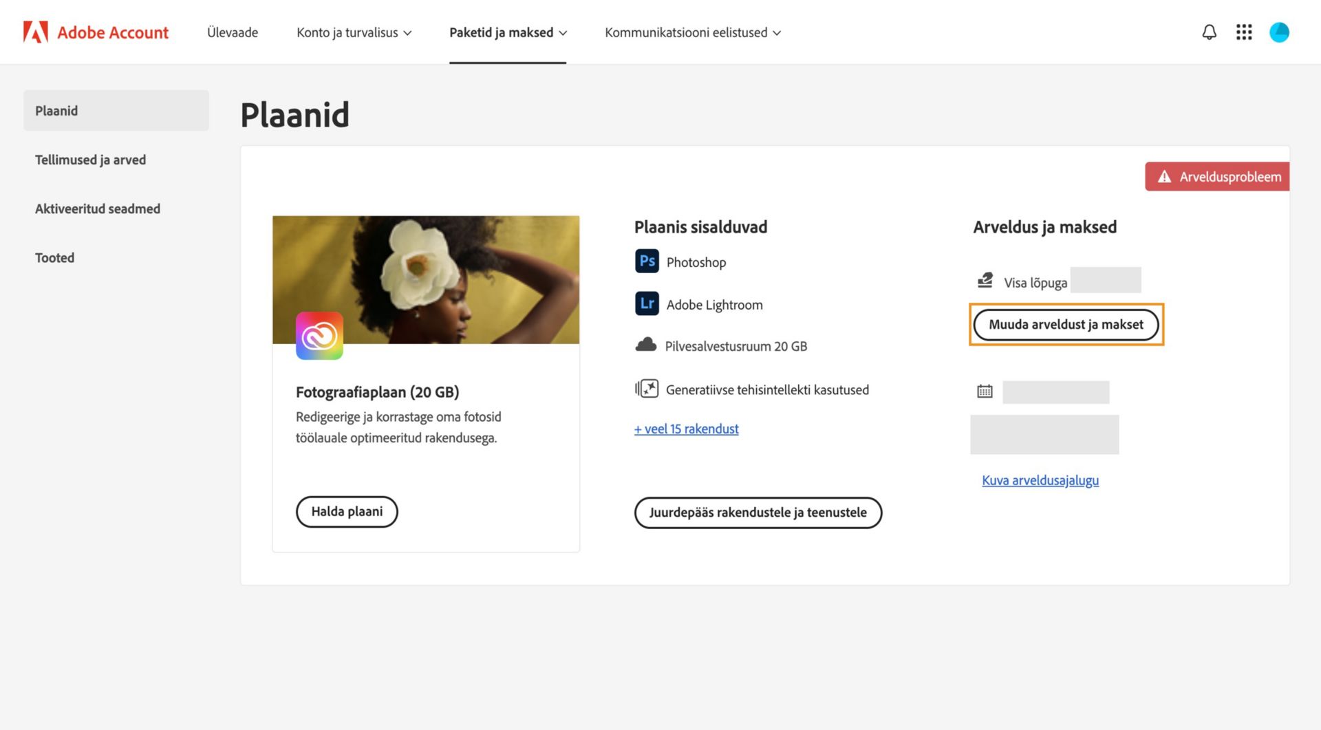 Teie Adobe konto plaanide lehel kuvatakse, et teil on makseviisiga seotud arveldusprobleem, ning seal on valikud arveldus- ja makseandmete muutmiseks, arveldusajaloo vaatamiseks, rakendustele ja teenustele juurdepääsuks ning plaani haldamiseks.