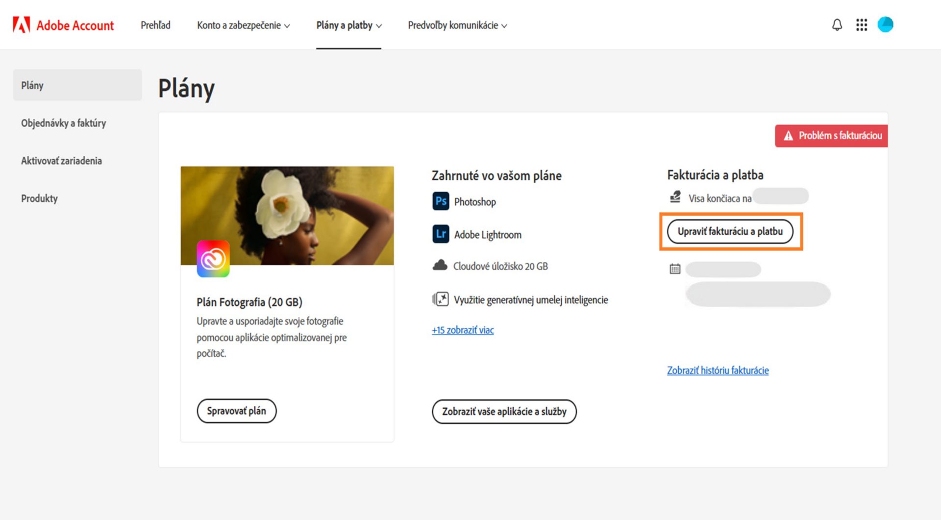 Na stránke Plány v účte Adobe sa zobrazí informácia o probléme s fakturáciou pri spôsobe platby s možnosťami úpravy fakturácie a platby, zobrazenia histórie fakturácie, prístupu k aplikáciám a službám a správy plánu.