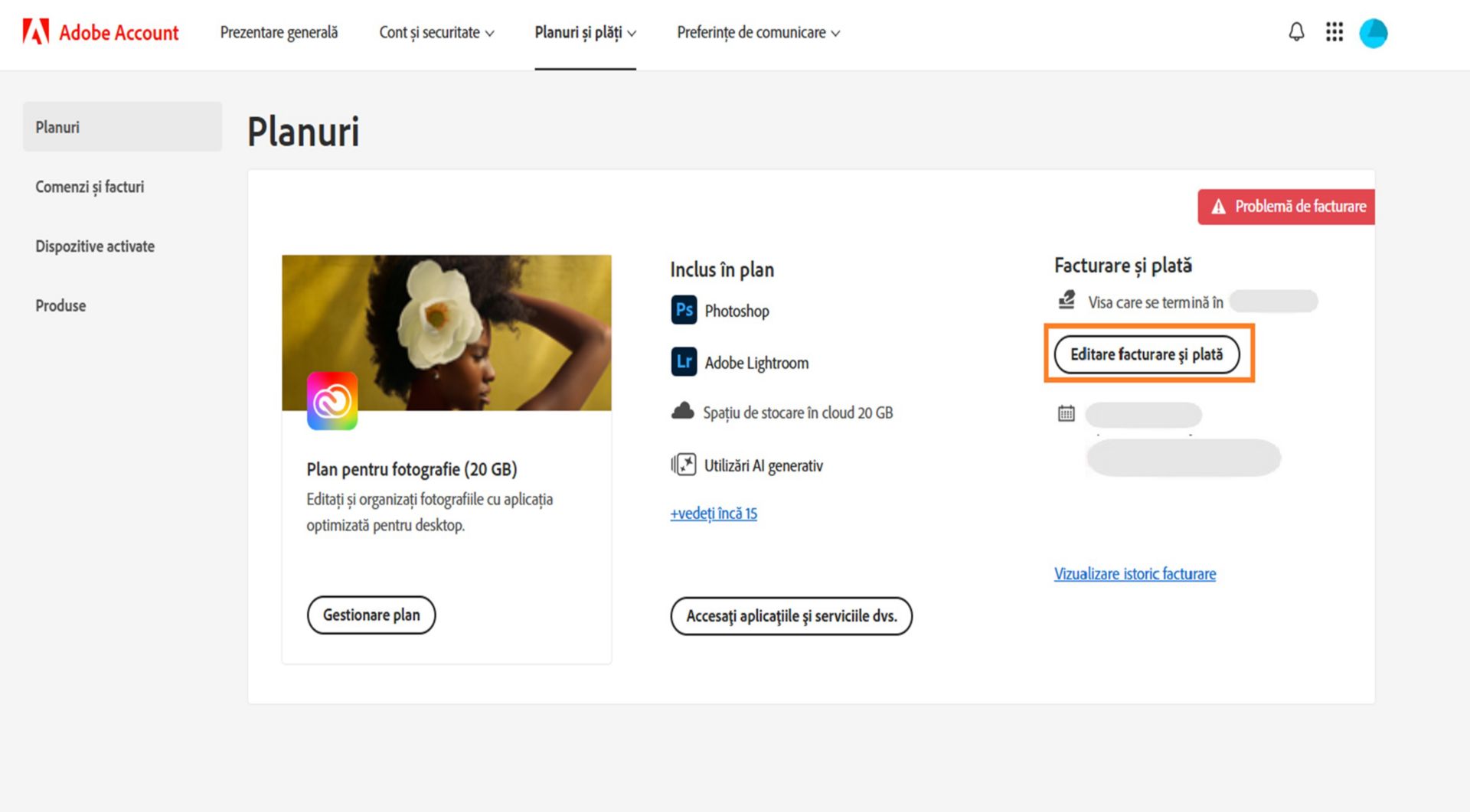 Pagina Planuri din contul dvs. Adobe arată că aveți o problemă de facturare legată de metoda dvs. de plată, cu opțiuni pentru a edita facturarea și plata, vizualiza istoricul de facturare, accesa aplicații și servicii și gestiona planul.