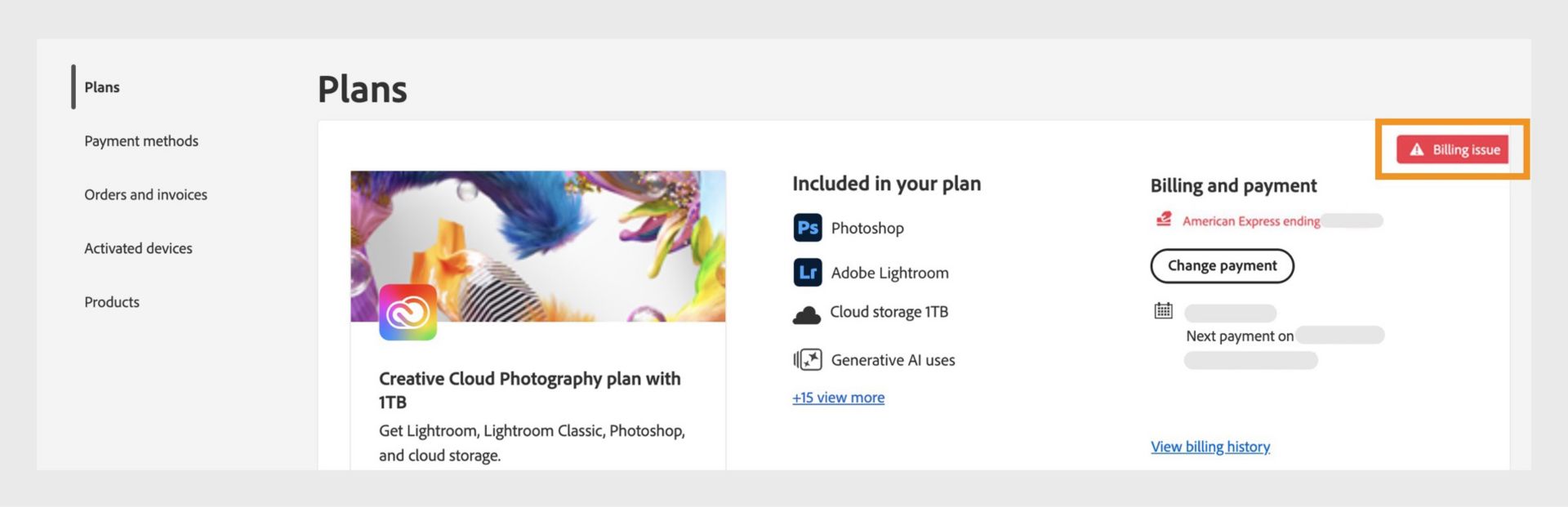 The Billing issue alert, located at the top-right corner of a plan card, indicates that your payment has failed.