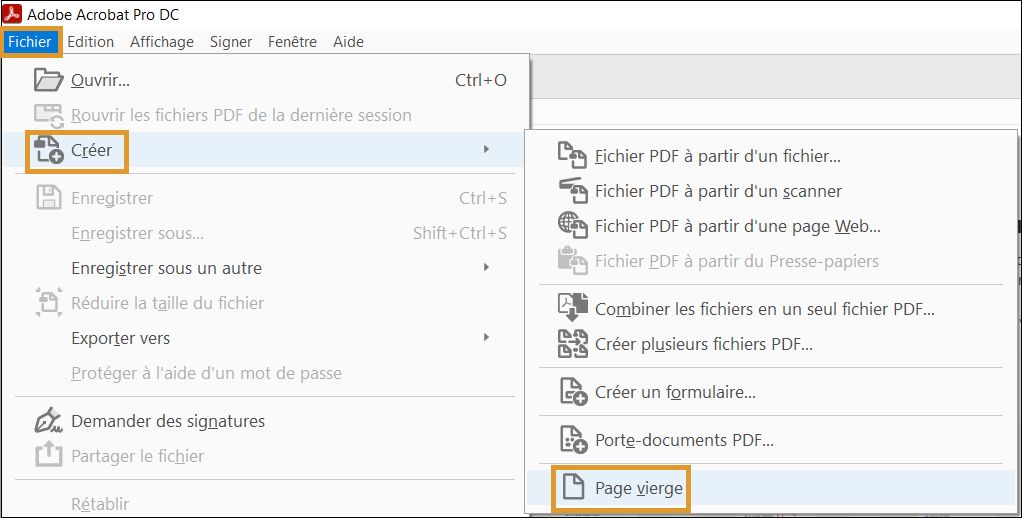 Création d’un fichier PDF vierge à partir du menu Fichier