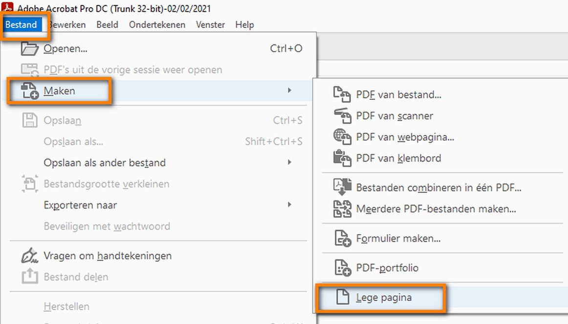 Een lege pagina maken als PDF-bestand via het menu Bestand