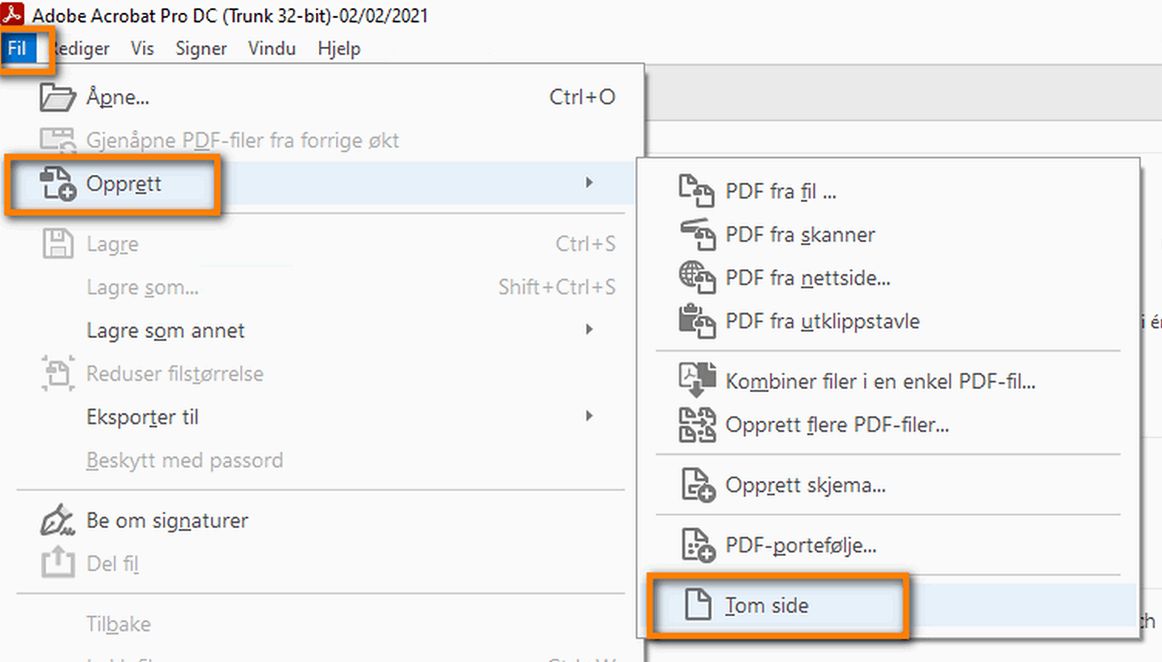 Opprett en tom PDF-side fra Fil-menyen